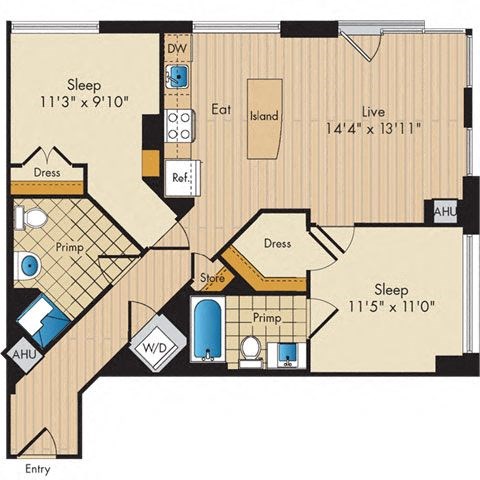Floor plan for 2 beds, 2 baths, 975 sqft